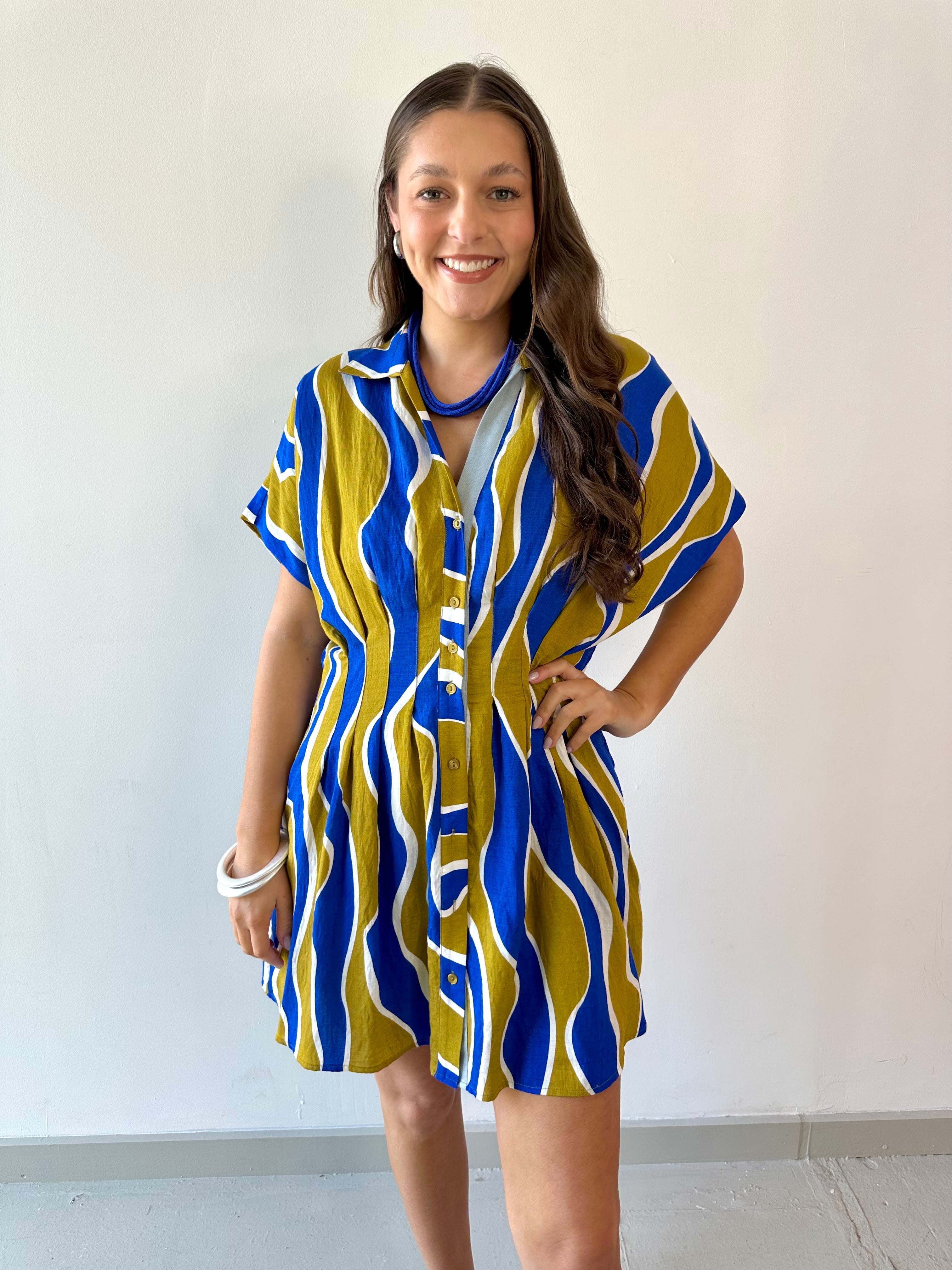 Wavy Striped Pattern Dress - Olive