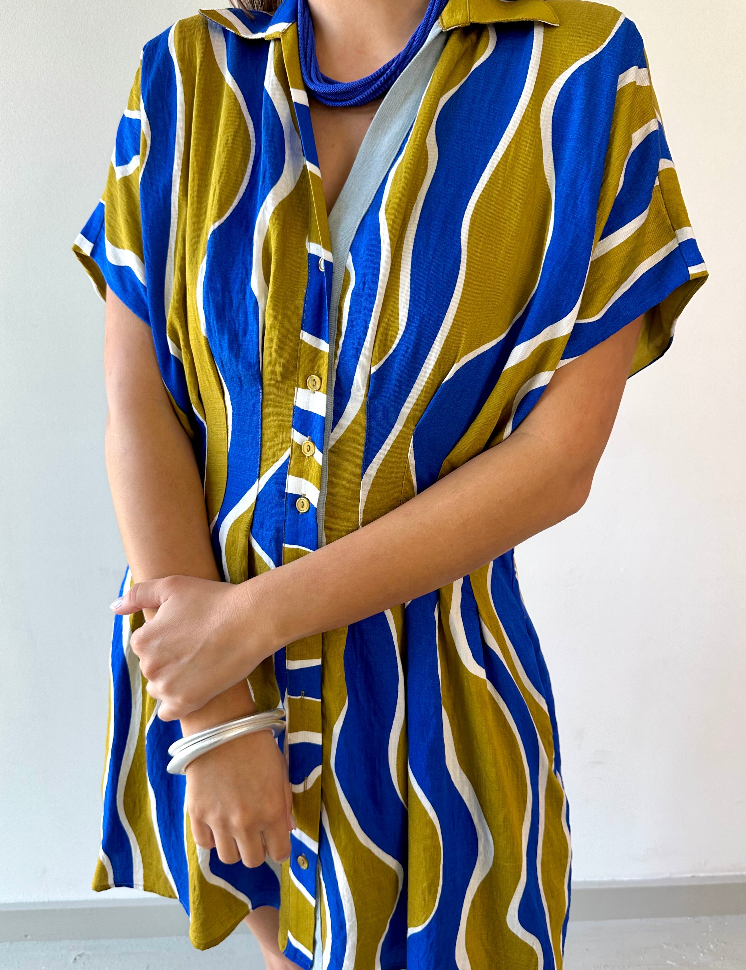 Wavy Striped Pattern Dress - Olive