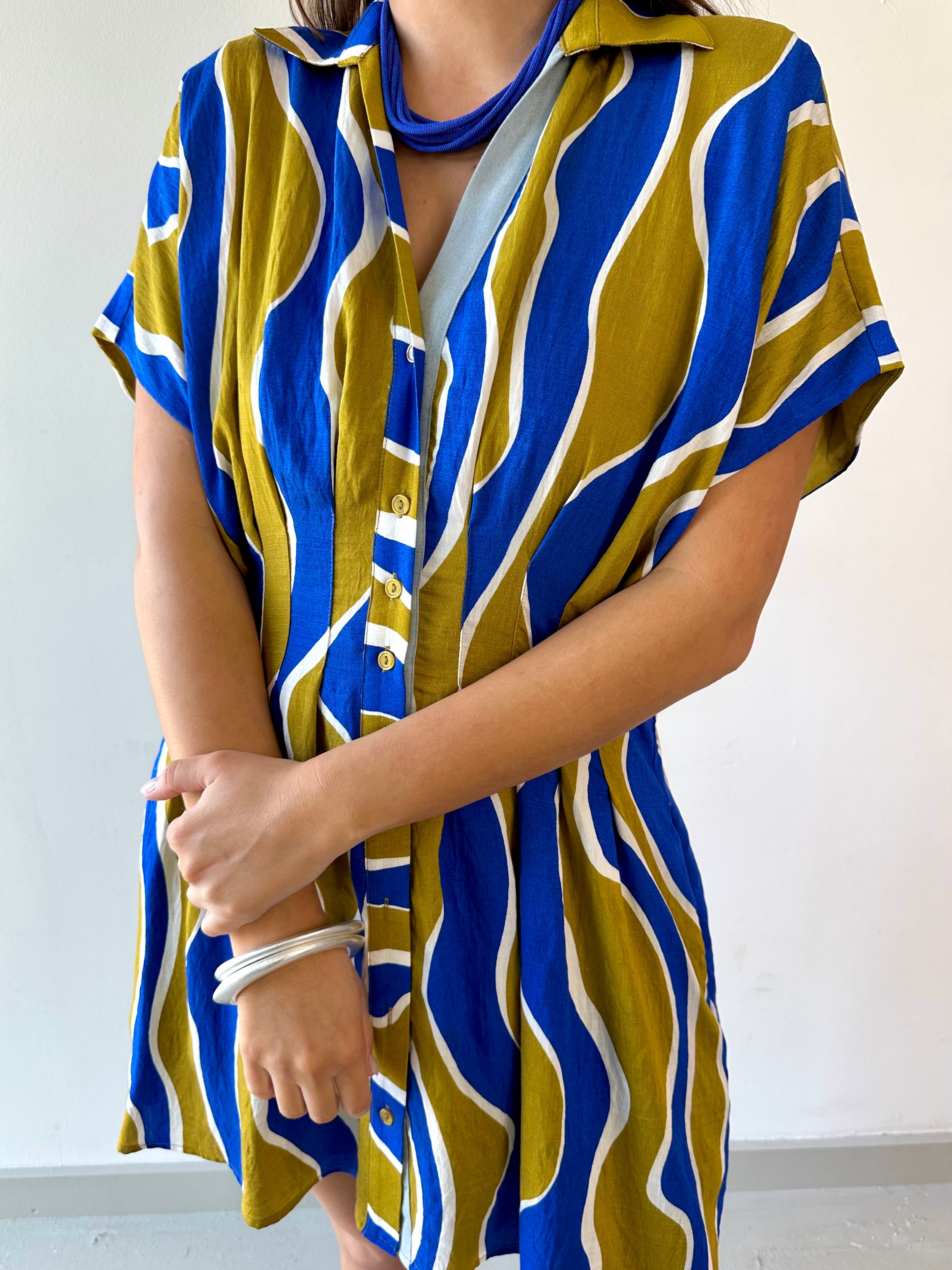 Wavy Striped Pattern Dress - Olive