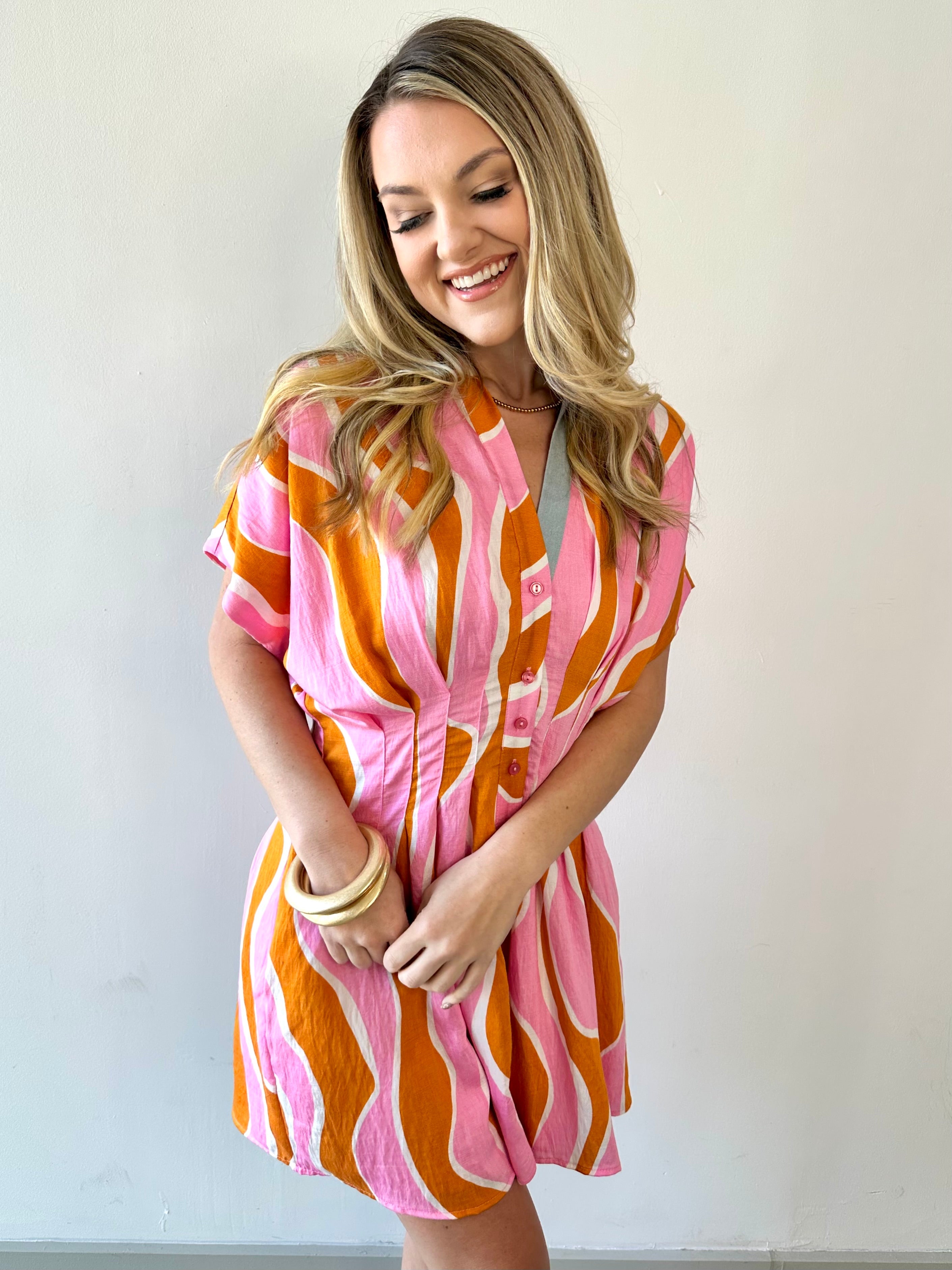 Wavy Striped Pattern Dress - Pink