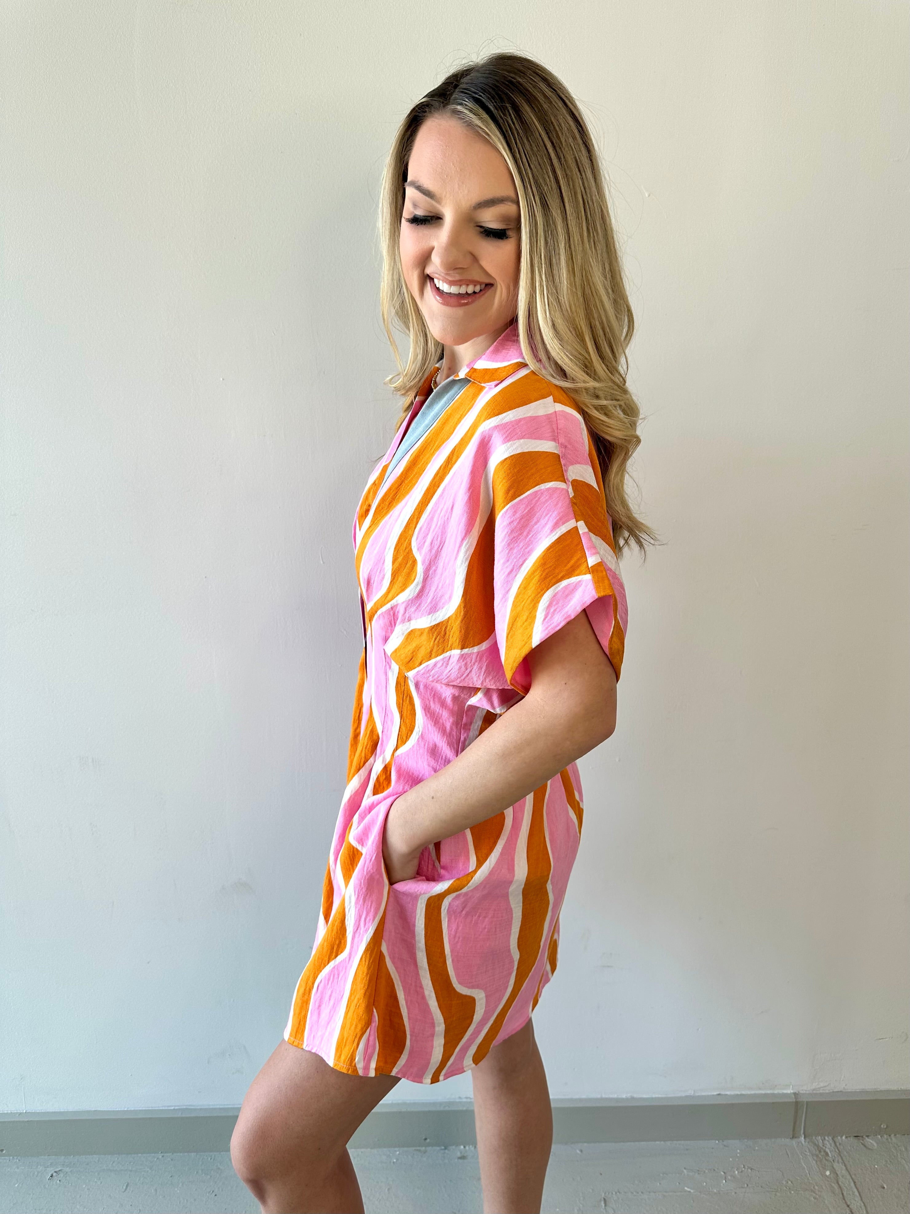 Wavy Striped Pattern Dress - Pink