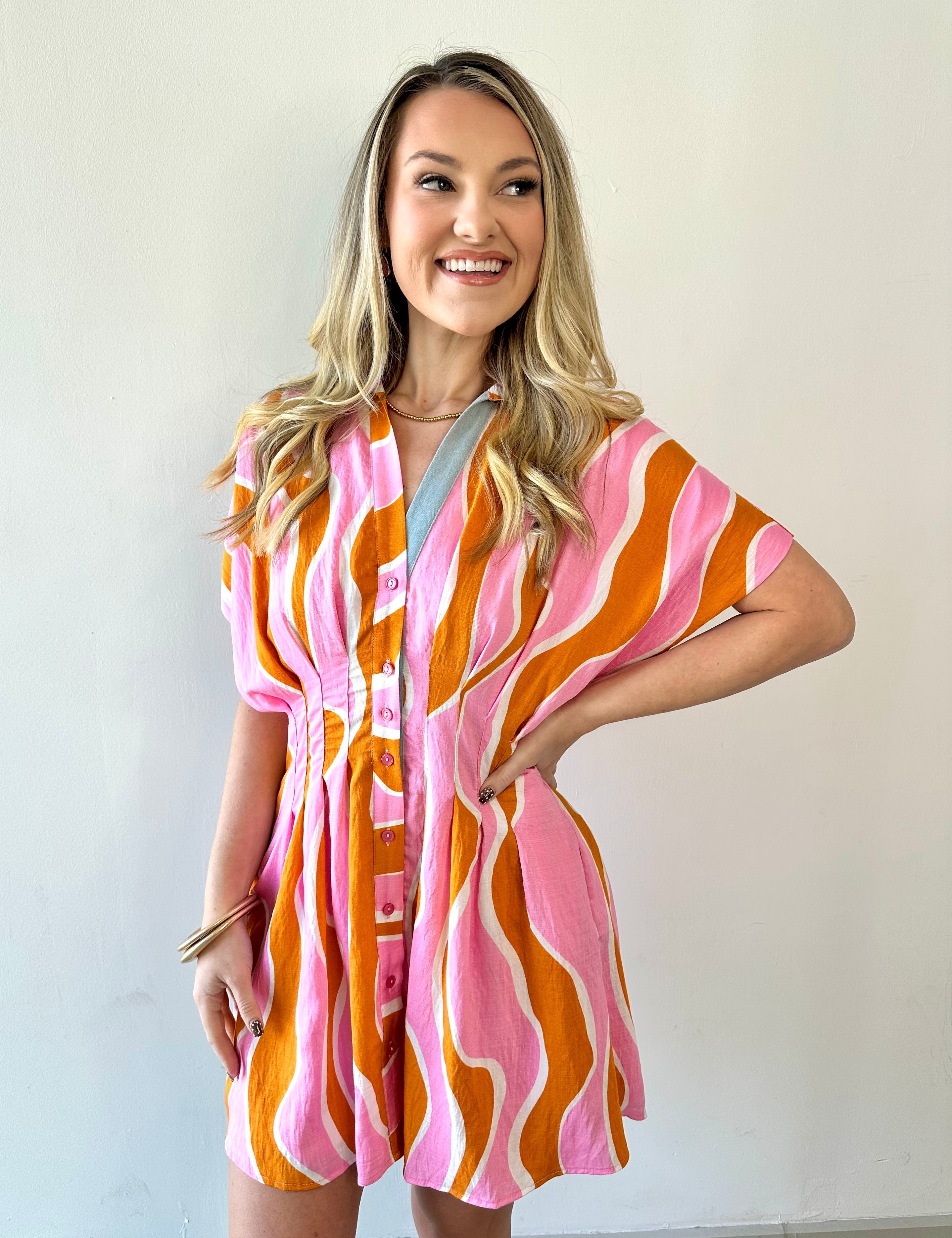 Wavy Striped Pattern Dress - Pink