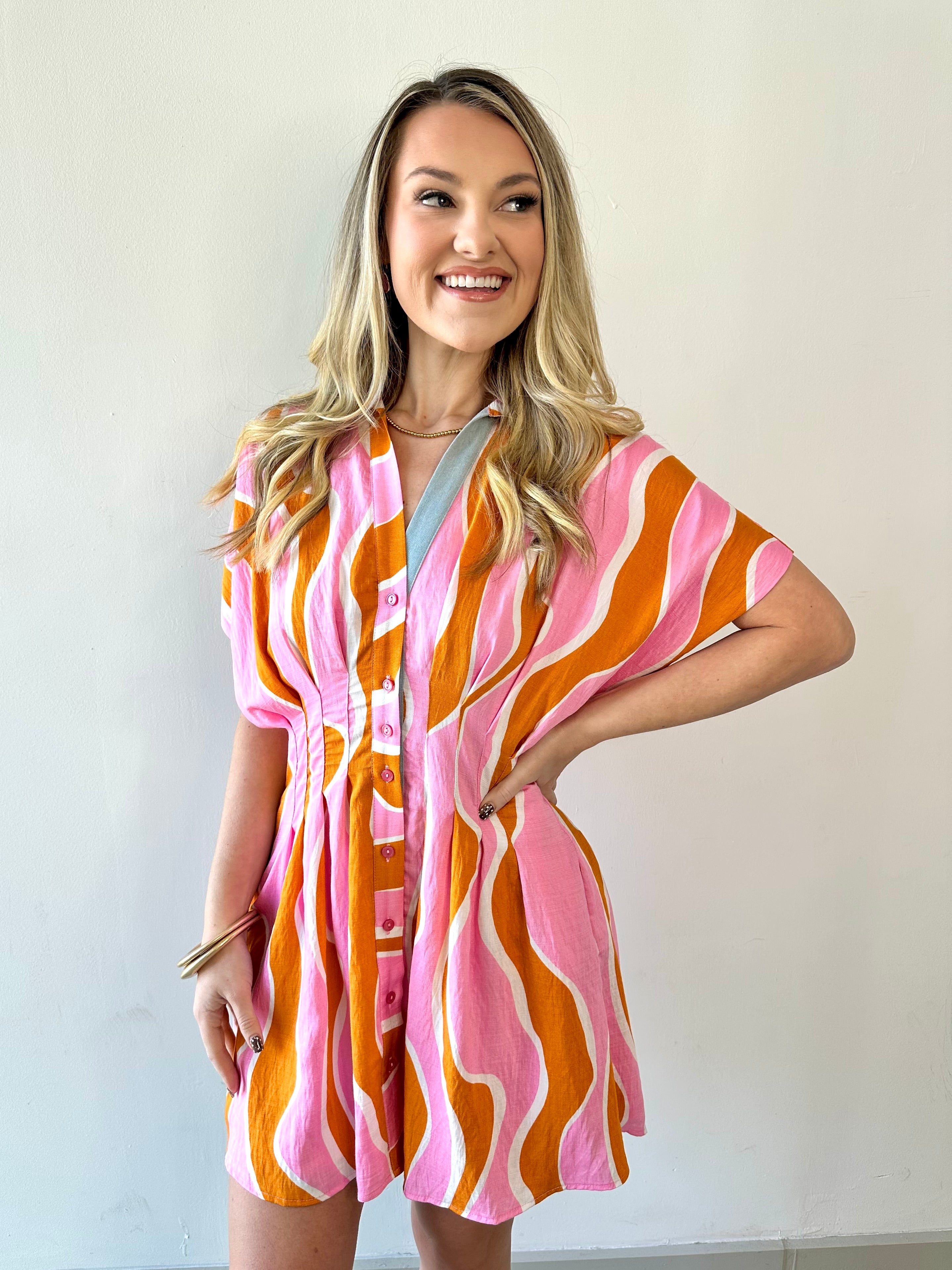 Wavy Striped Pattern Dress - Pink