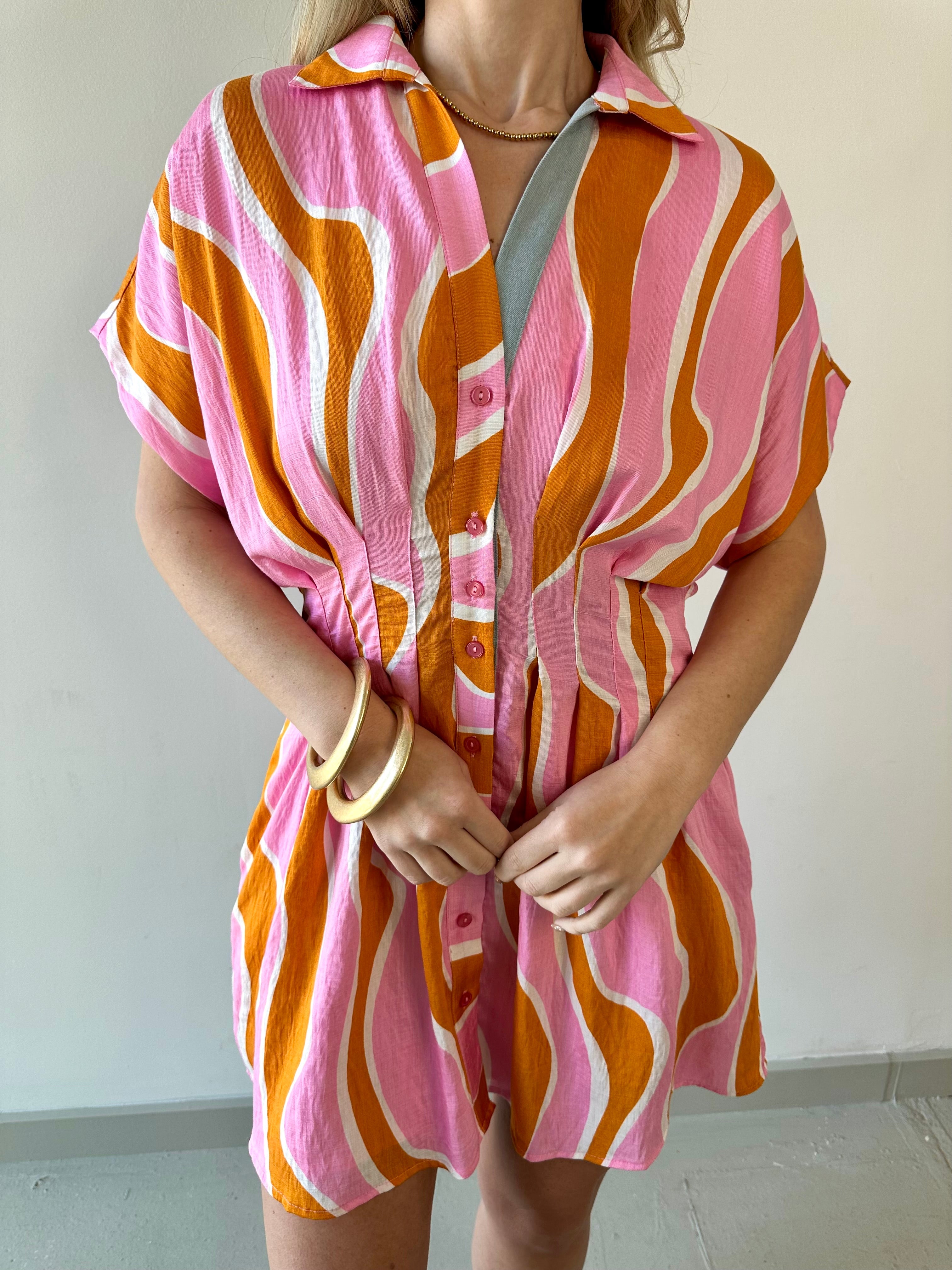 Wavy Striped Pattern Dress - Pink