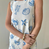 White Denim Dress with Blue Shells