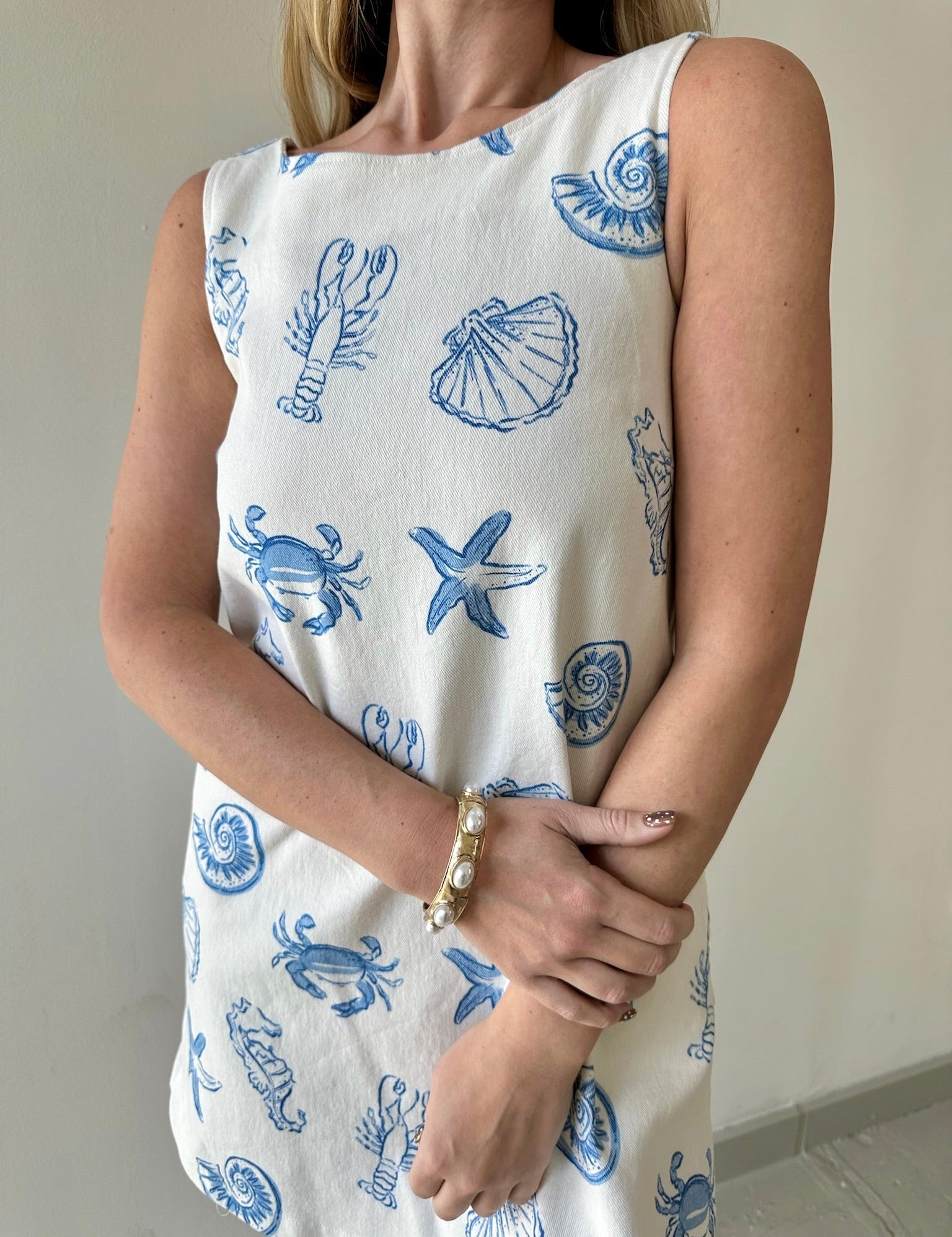 White Denim Dress with Blue Shells