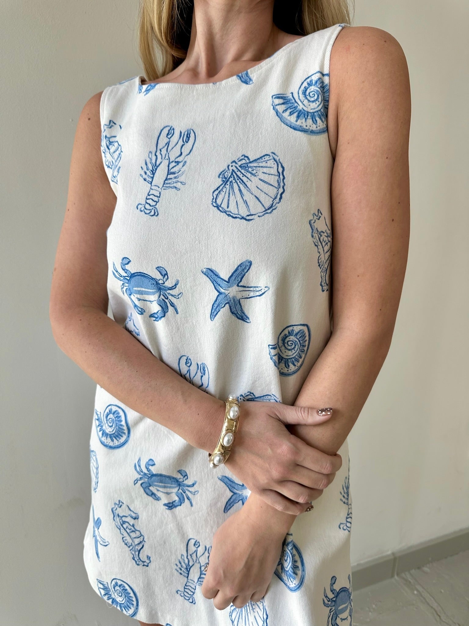 White Denim Dress with Blue Shells