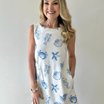 White Denim Dress with Blue Shells