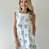 White Denim Dress with Blue Shells