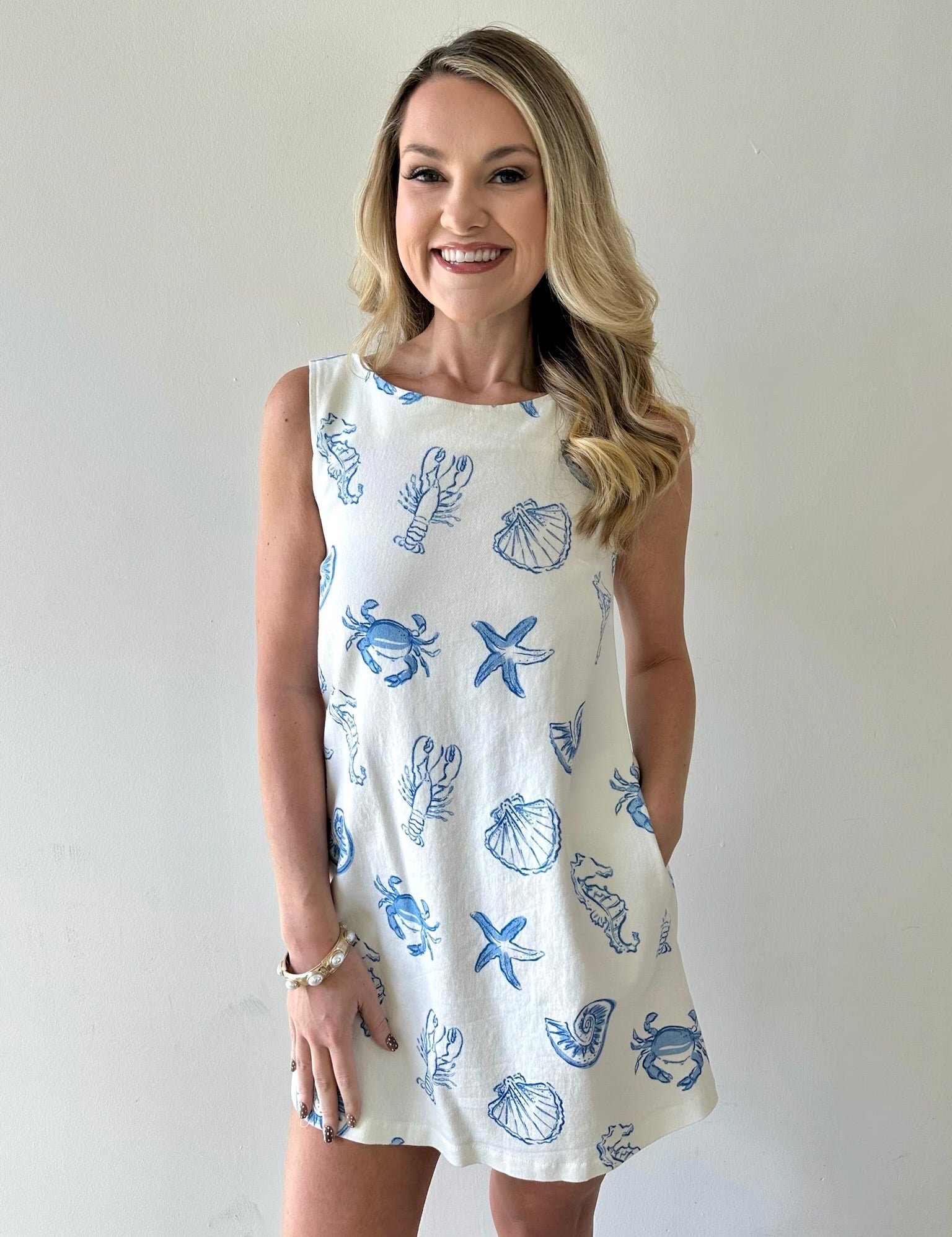 White Denim Dress with Blue Shells