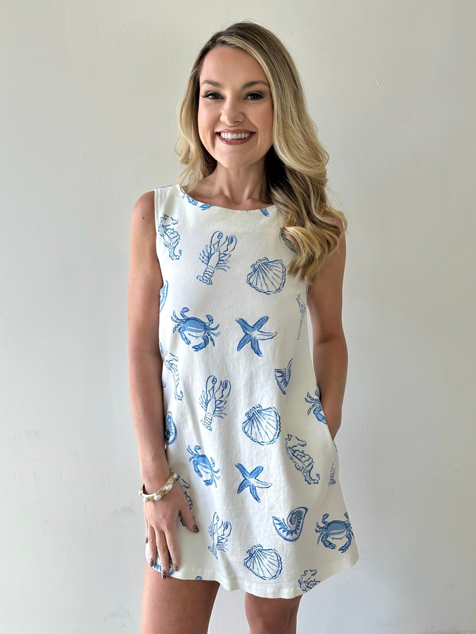 White Denim Dress with Blue Shells