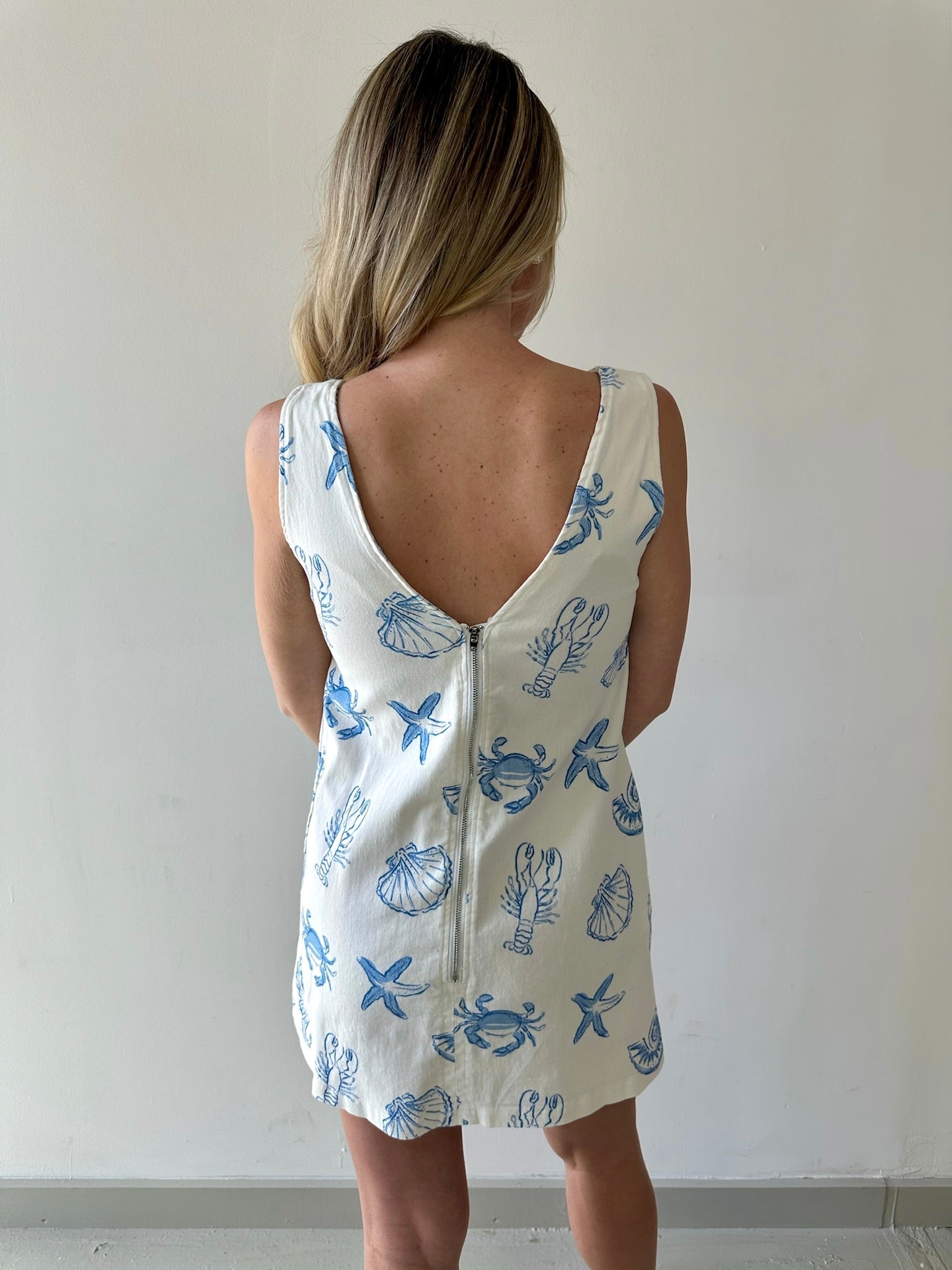 White Denim Dress with Blue Shells