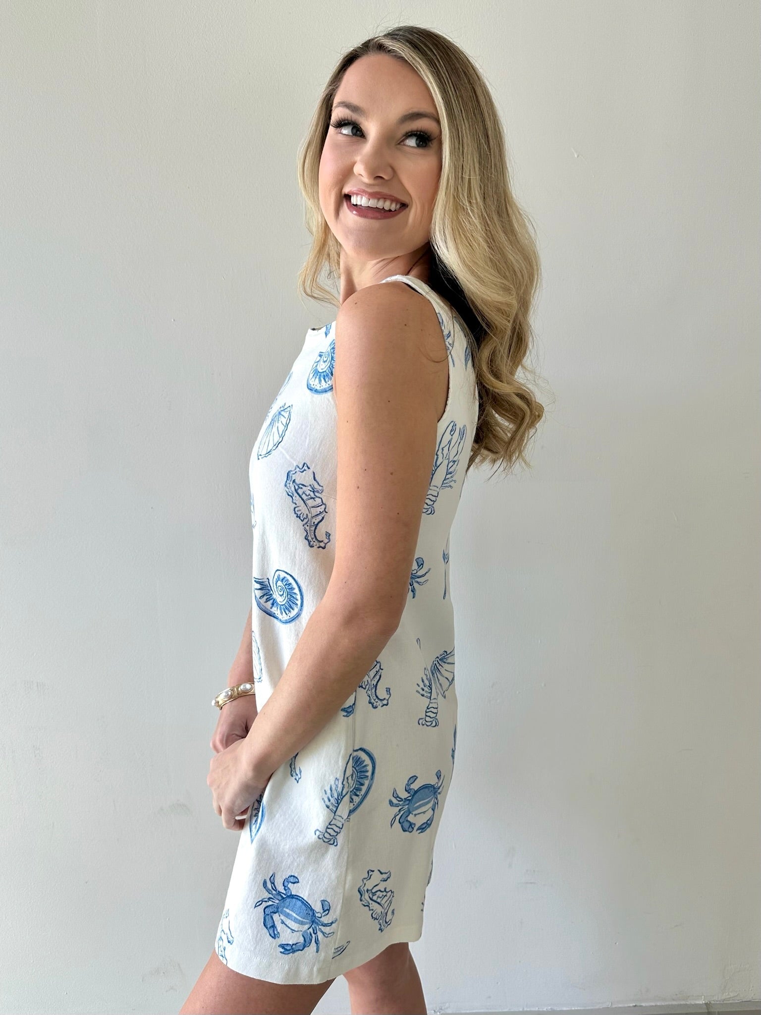 White Denim Dress with Blue Shells