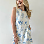 White Denim Dress with Blue Shells