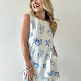 White Denim Dress with Blue Shells