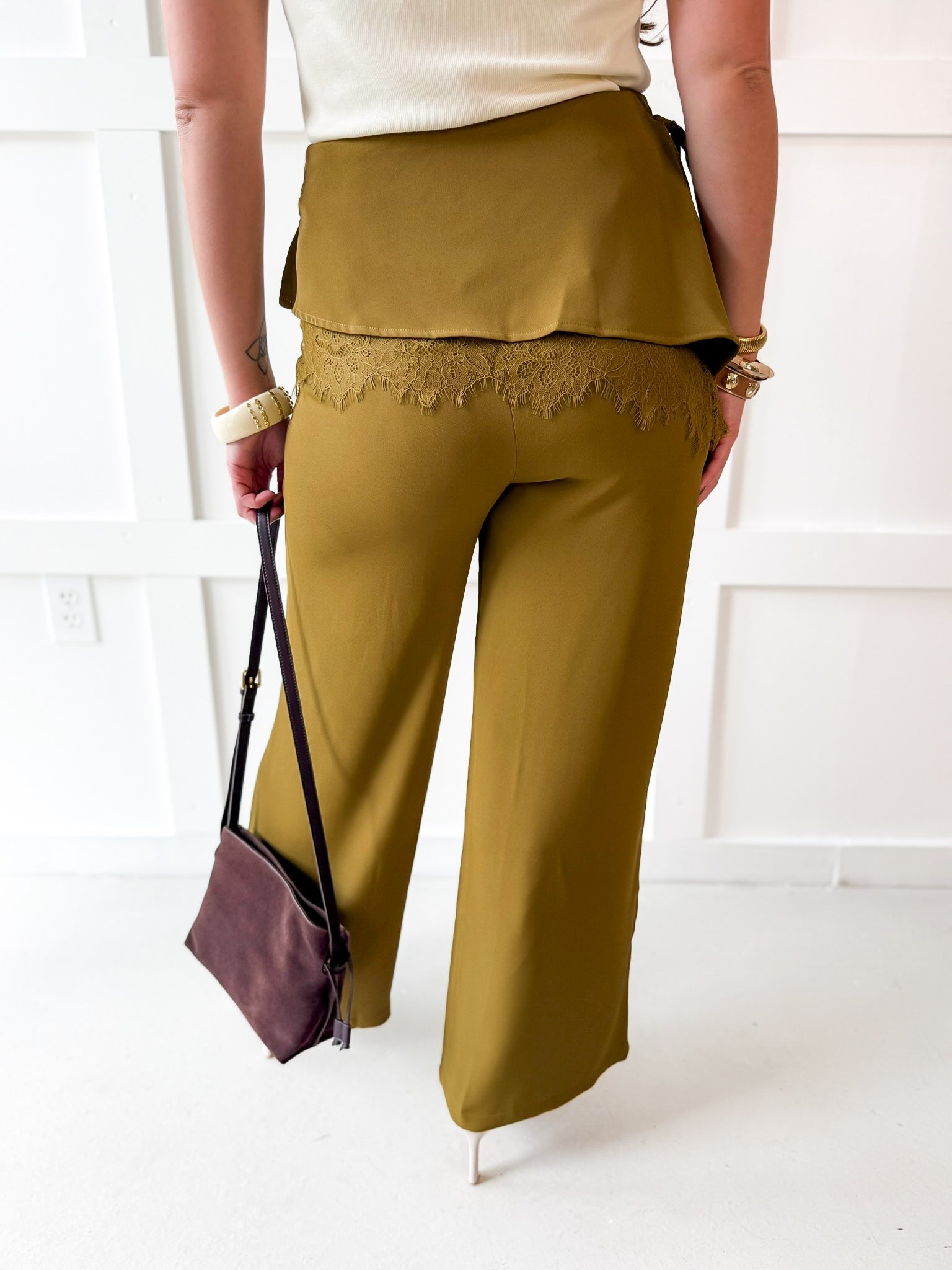 Wide Leg Pants with Lace Overlay - Olive