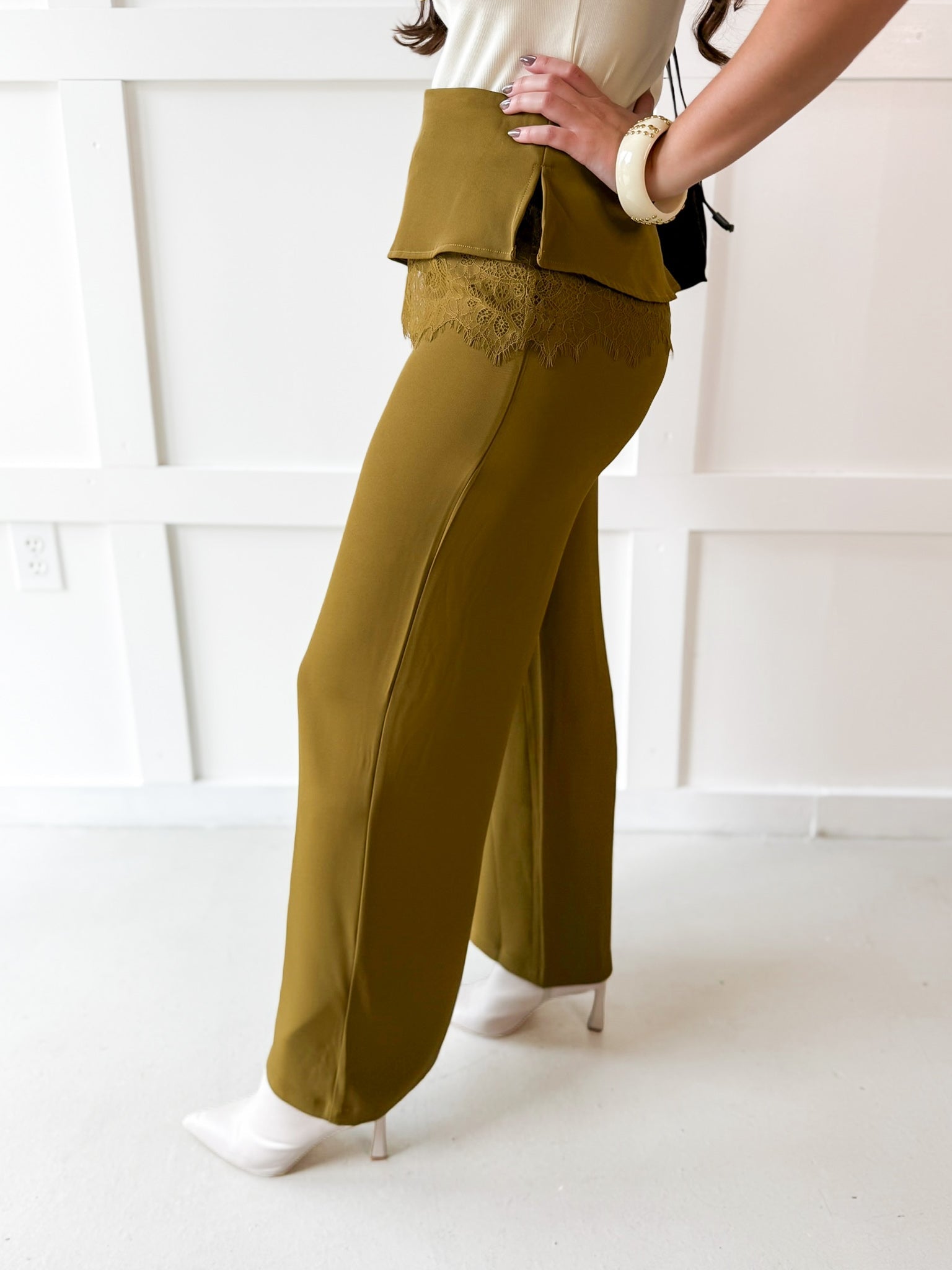 Wide Leg Pants with Lace Overlay - Olive