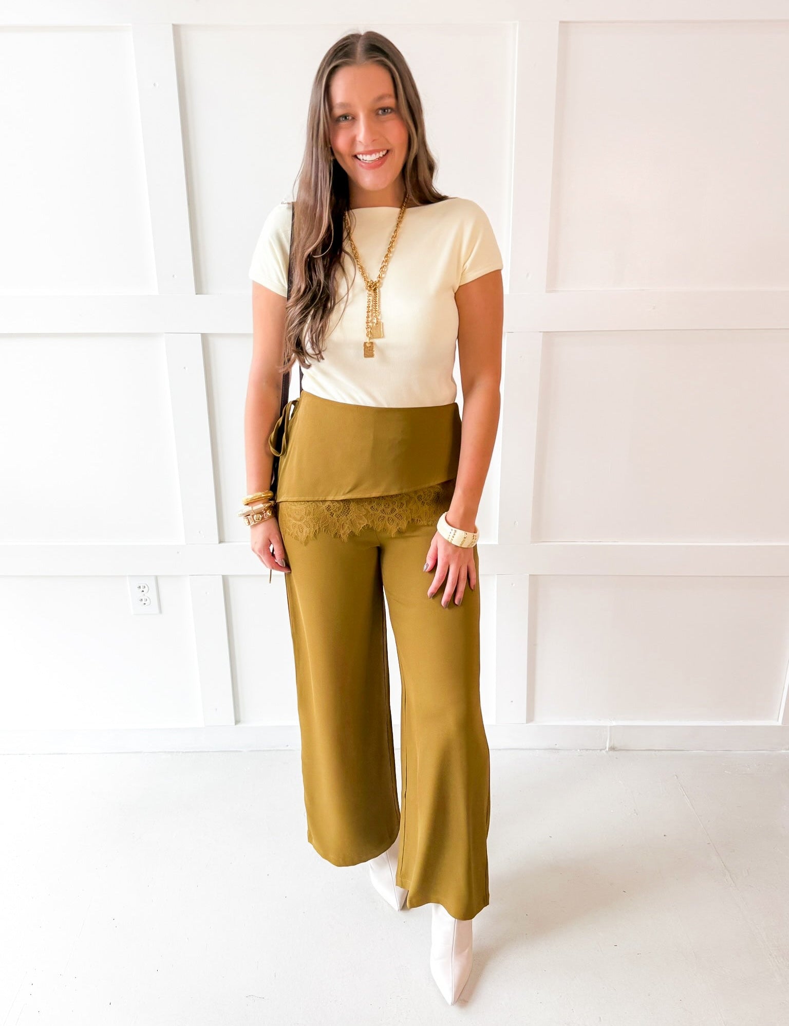 Wide Leg Pants with Lace Overlay - Olive