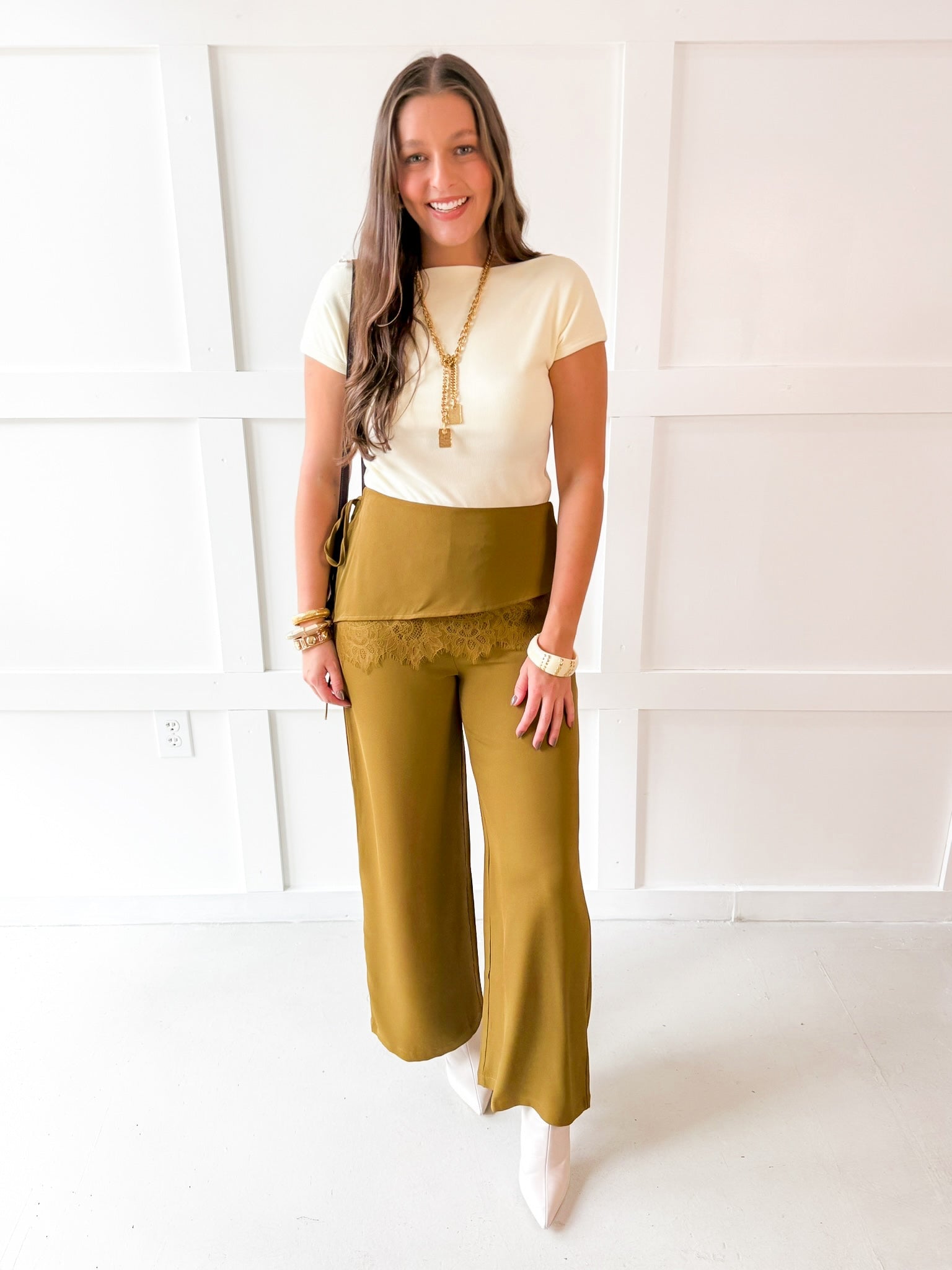 Wide Leg Pants with Lace Overlay - Olive