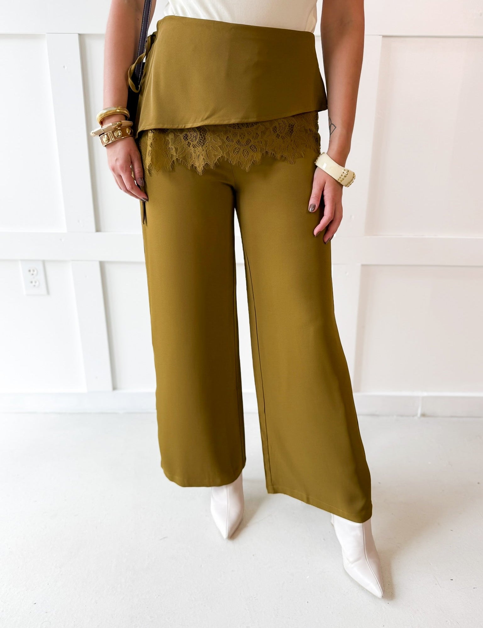 Wide Leg Pants with Lace Overlay - Olive