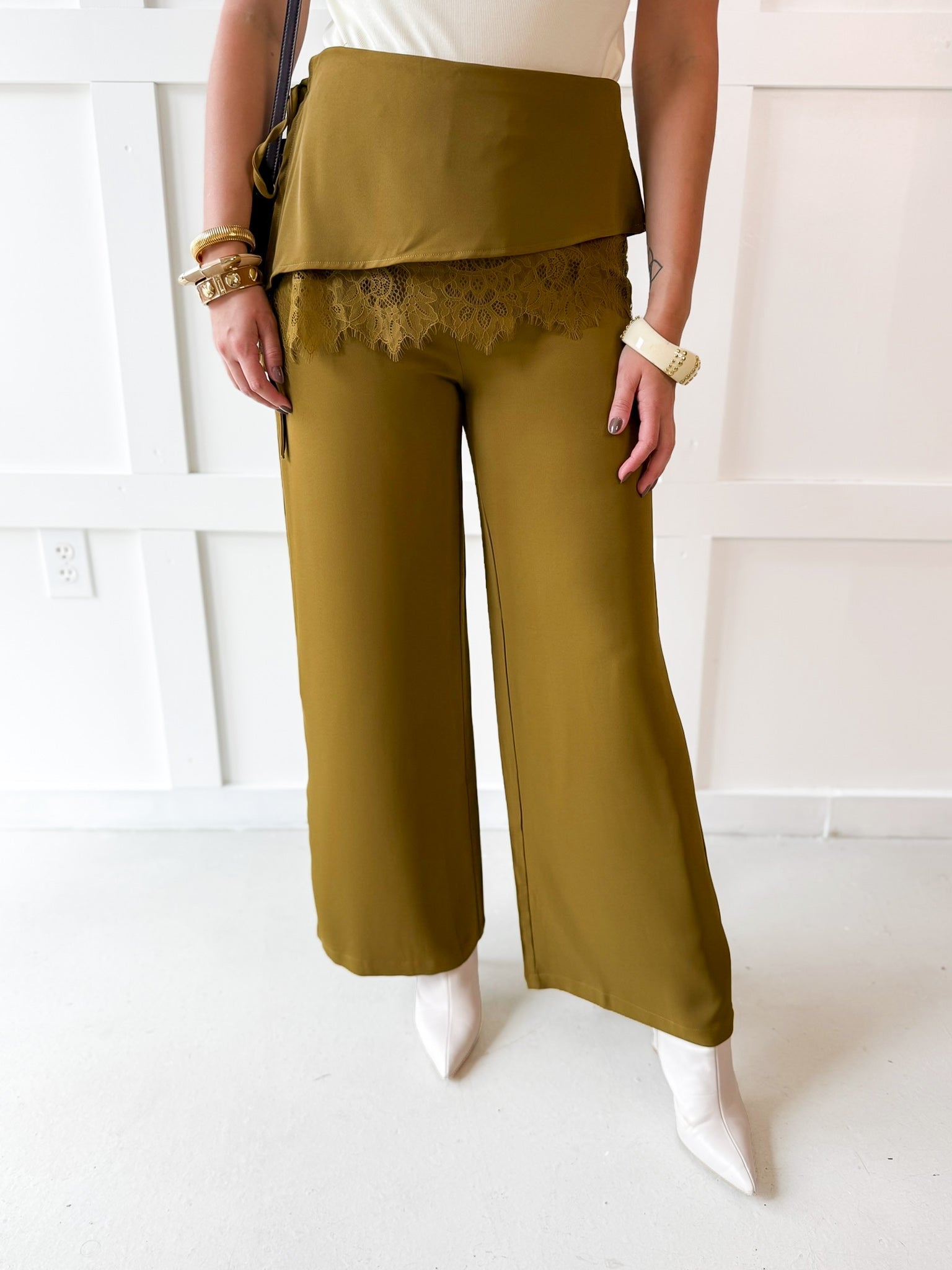 Wide Leg Pants with Lace Overlay - Olive