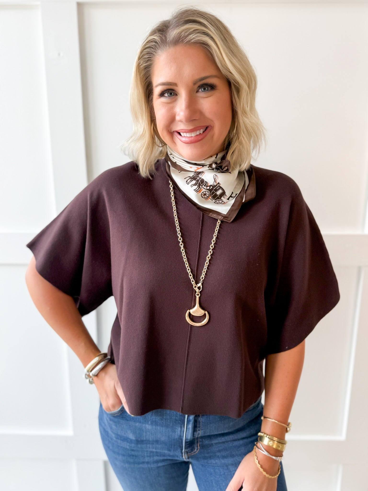 Wide Sleeve Knit Top - Brown
