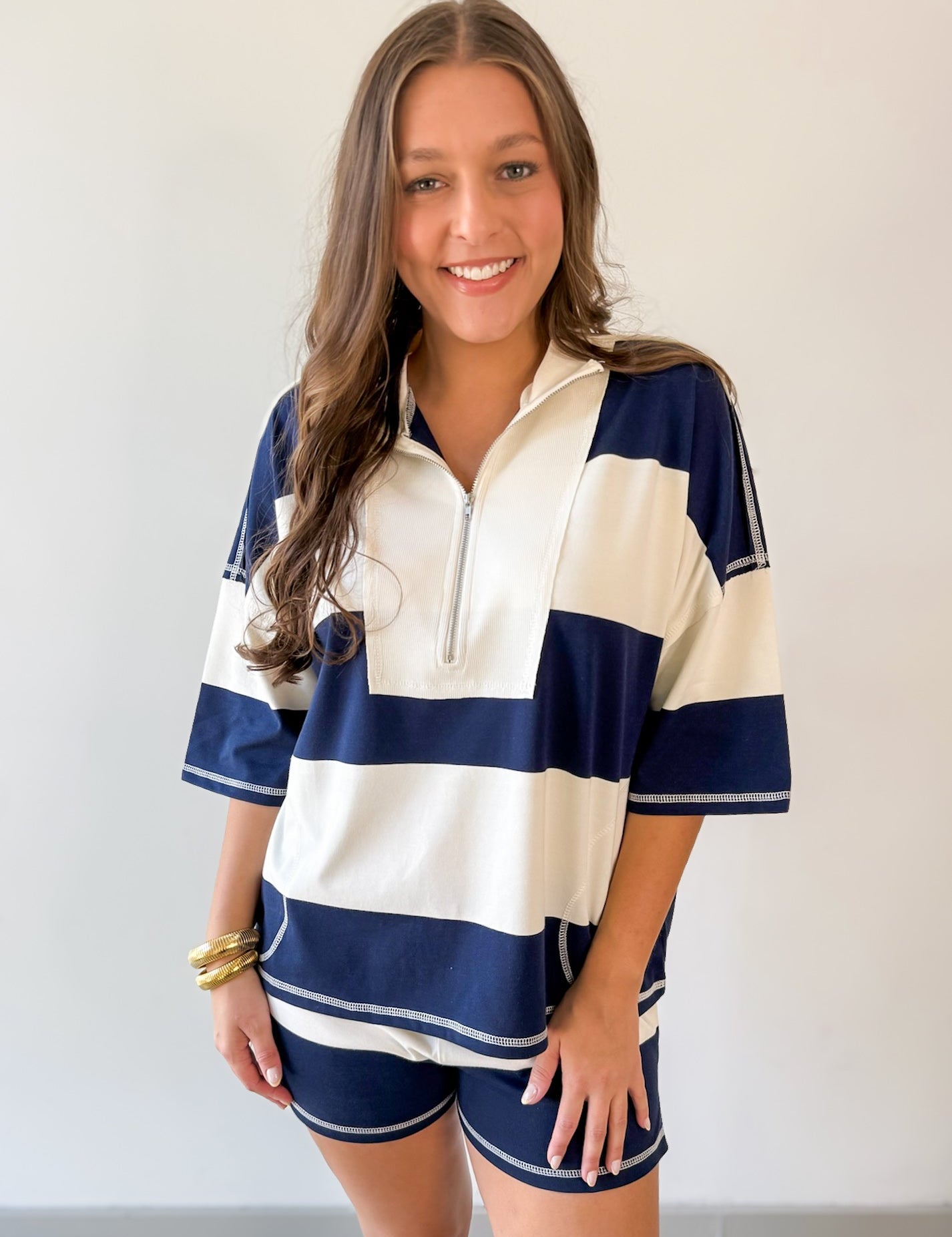 Wide Striped Knit Top & Short Set- Navy