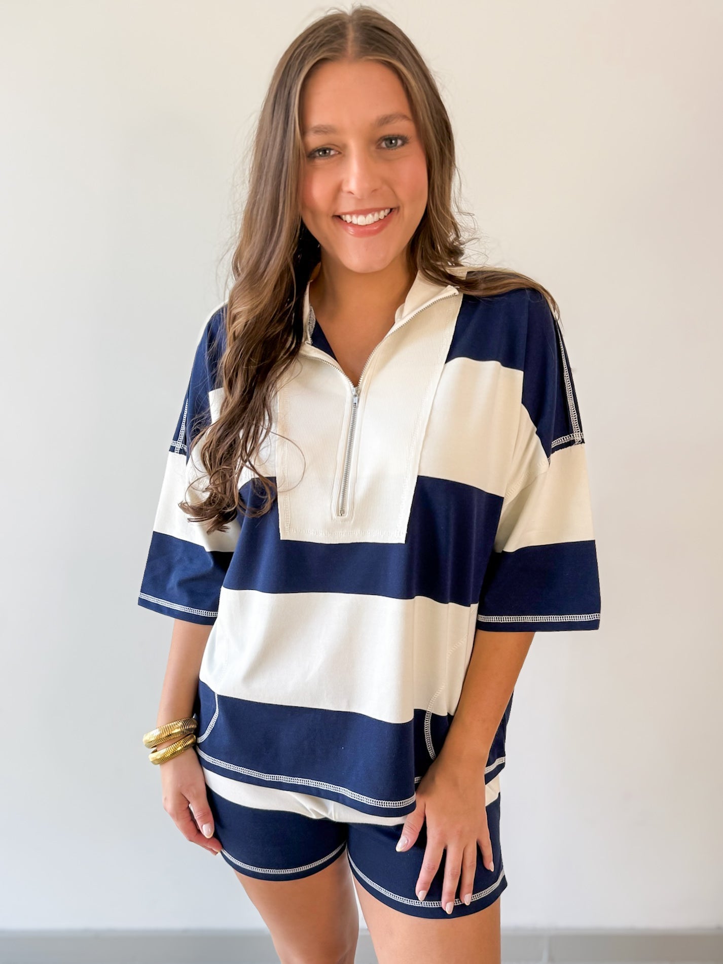 Wide Striped Knit Top & Short Set- Navy