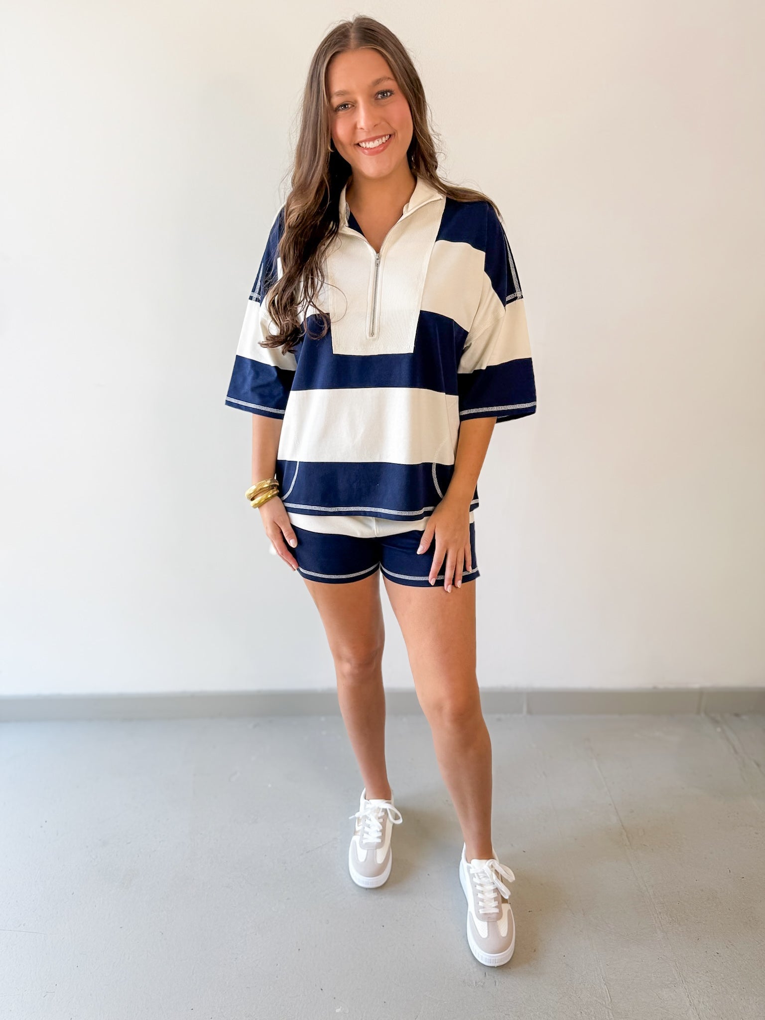 Wide Striped Knit Top & Short Set- Navy