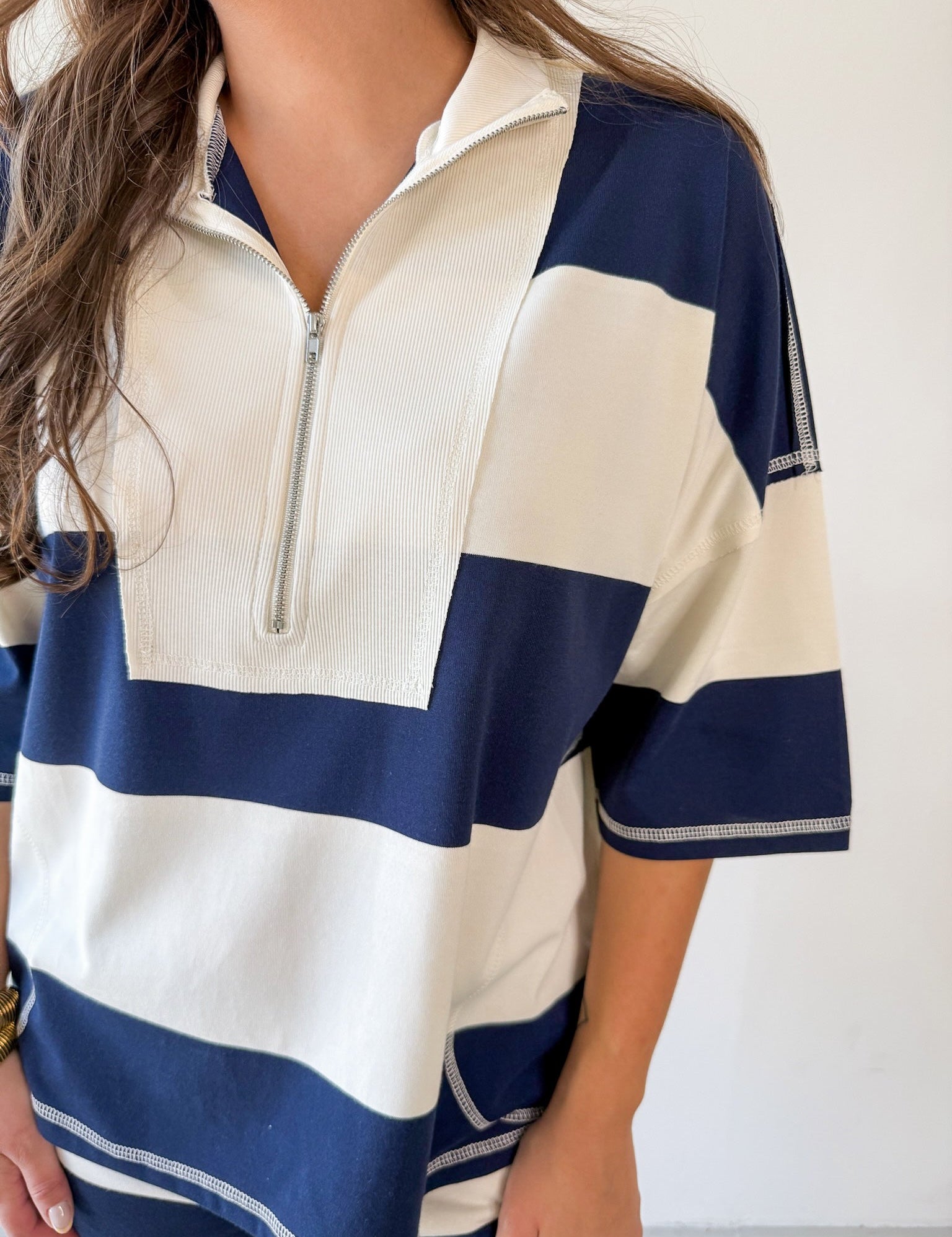 Wide Striped Knit Top & Short Set- Navy