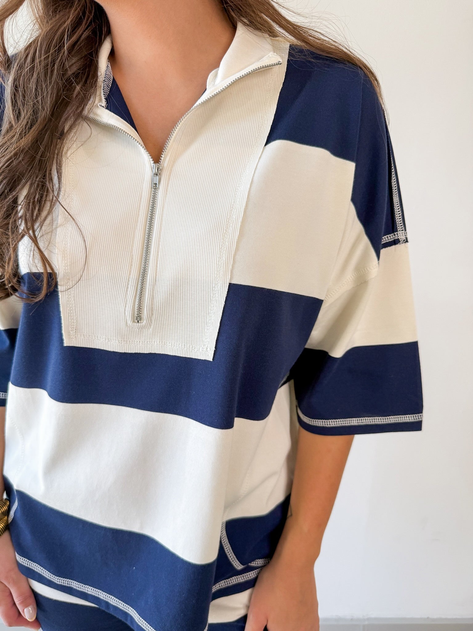 Wide Striped Knit Top & Short Set- Navy