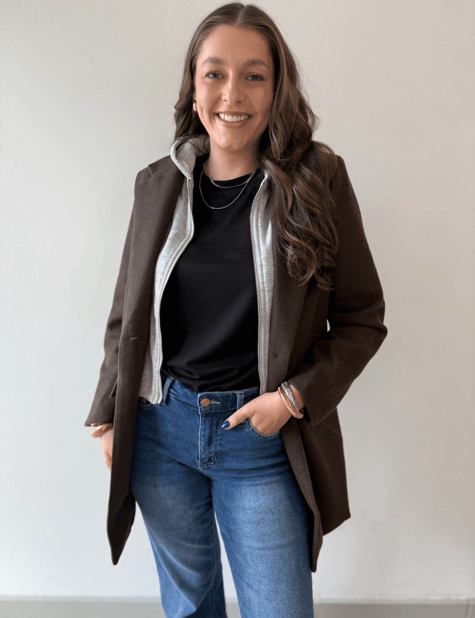 Wool Hooded Contrast Combo Coat - Brown