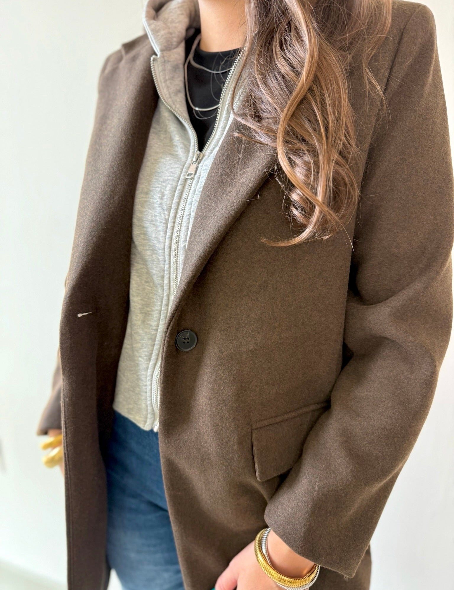 Wool Hooded Contrast Combo Coat - Brown