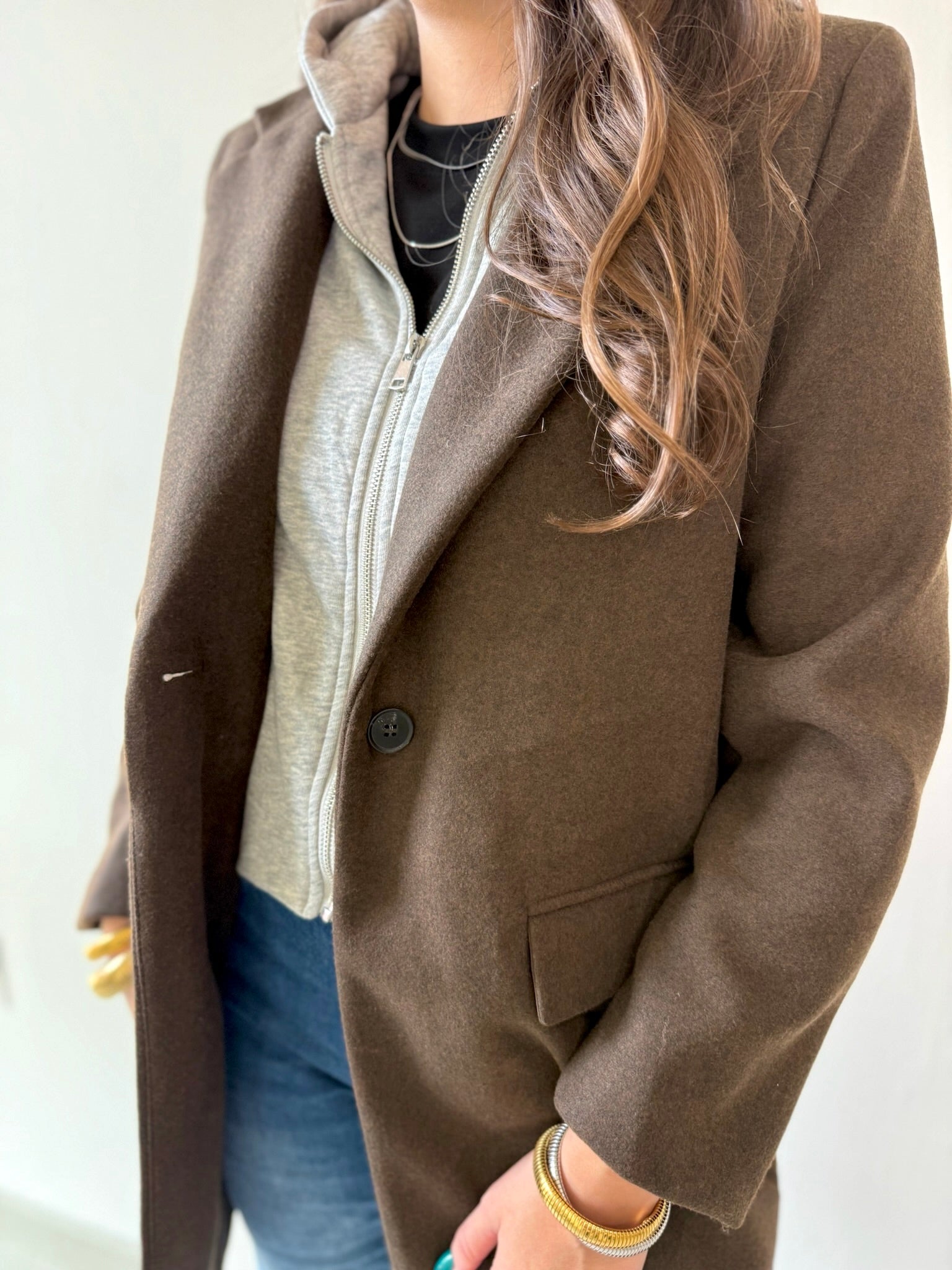 Wool Hooded Contrast Combo Coat - Brown