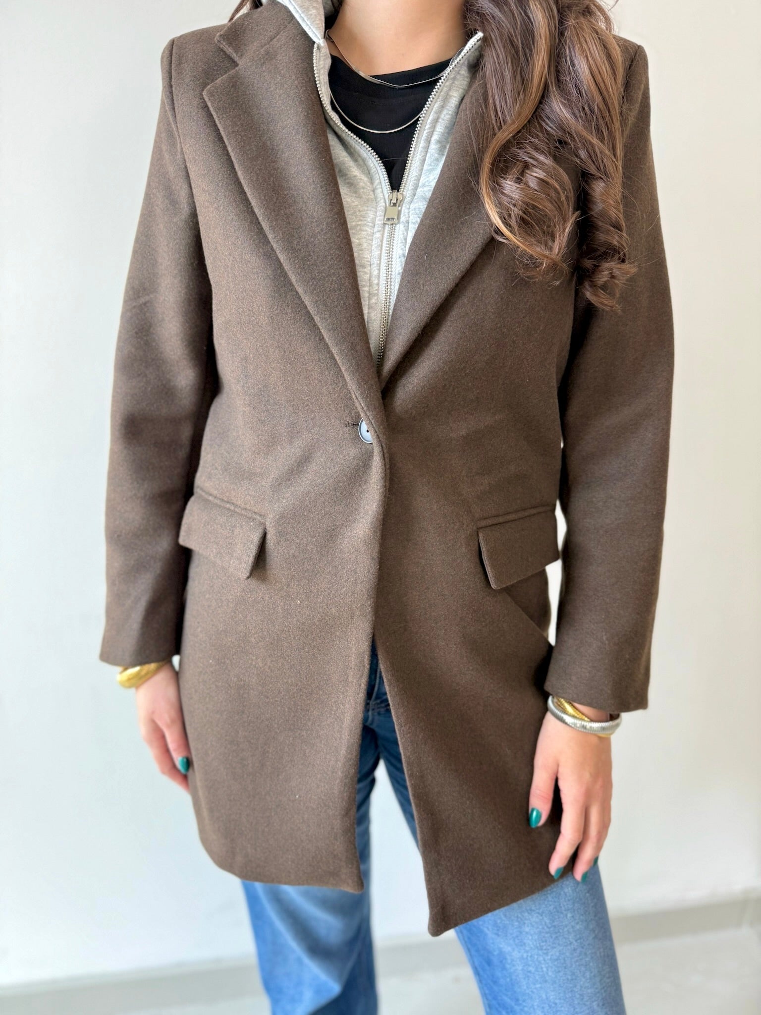 Wool Hooded Contrast Combo Coat - Brown