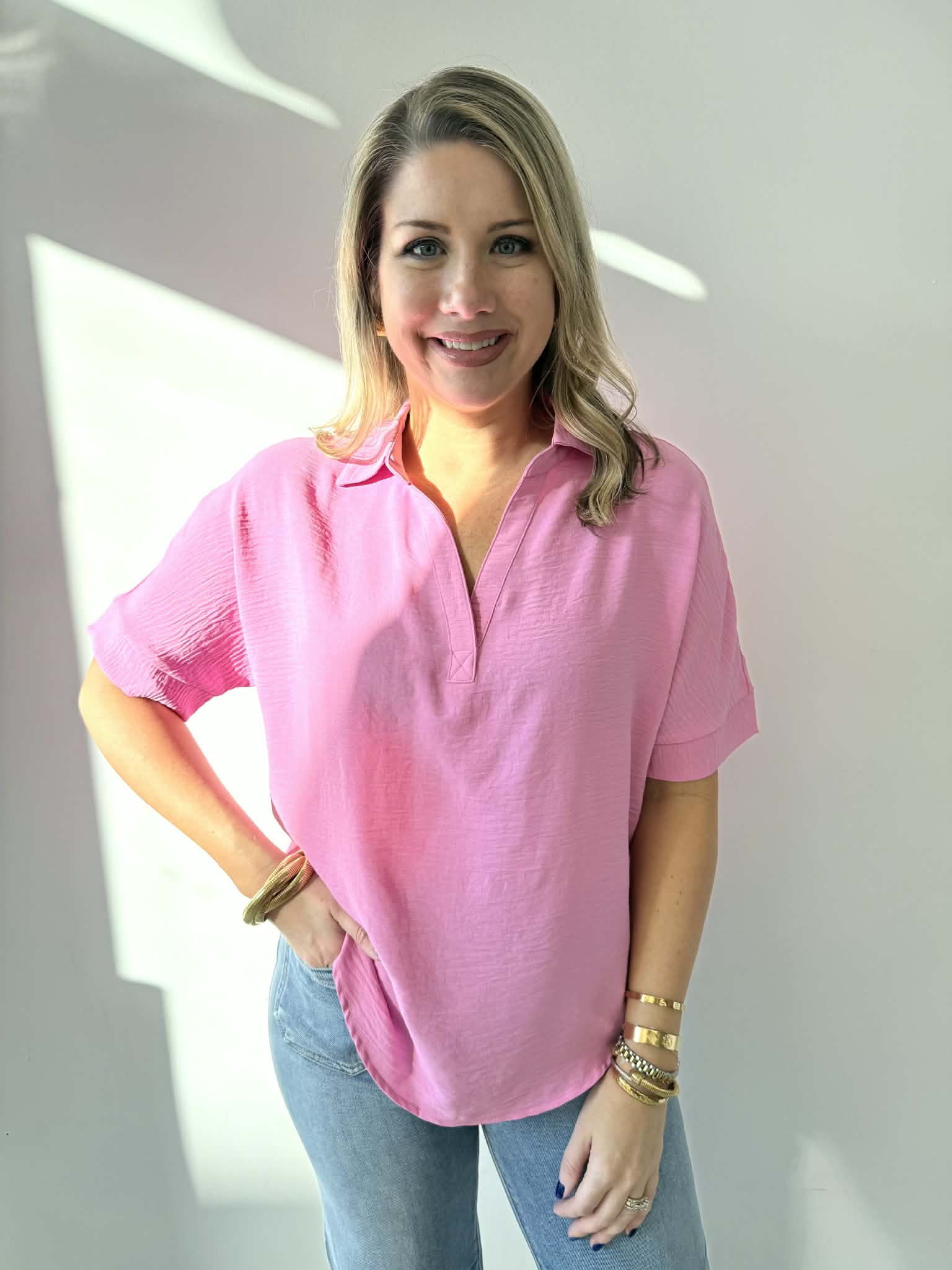 Woven Airflow Collared V - Neck Top