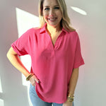 Woven Airflow Collared V - Neck Top