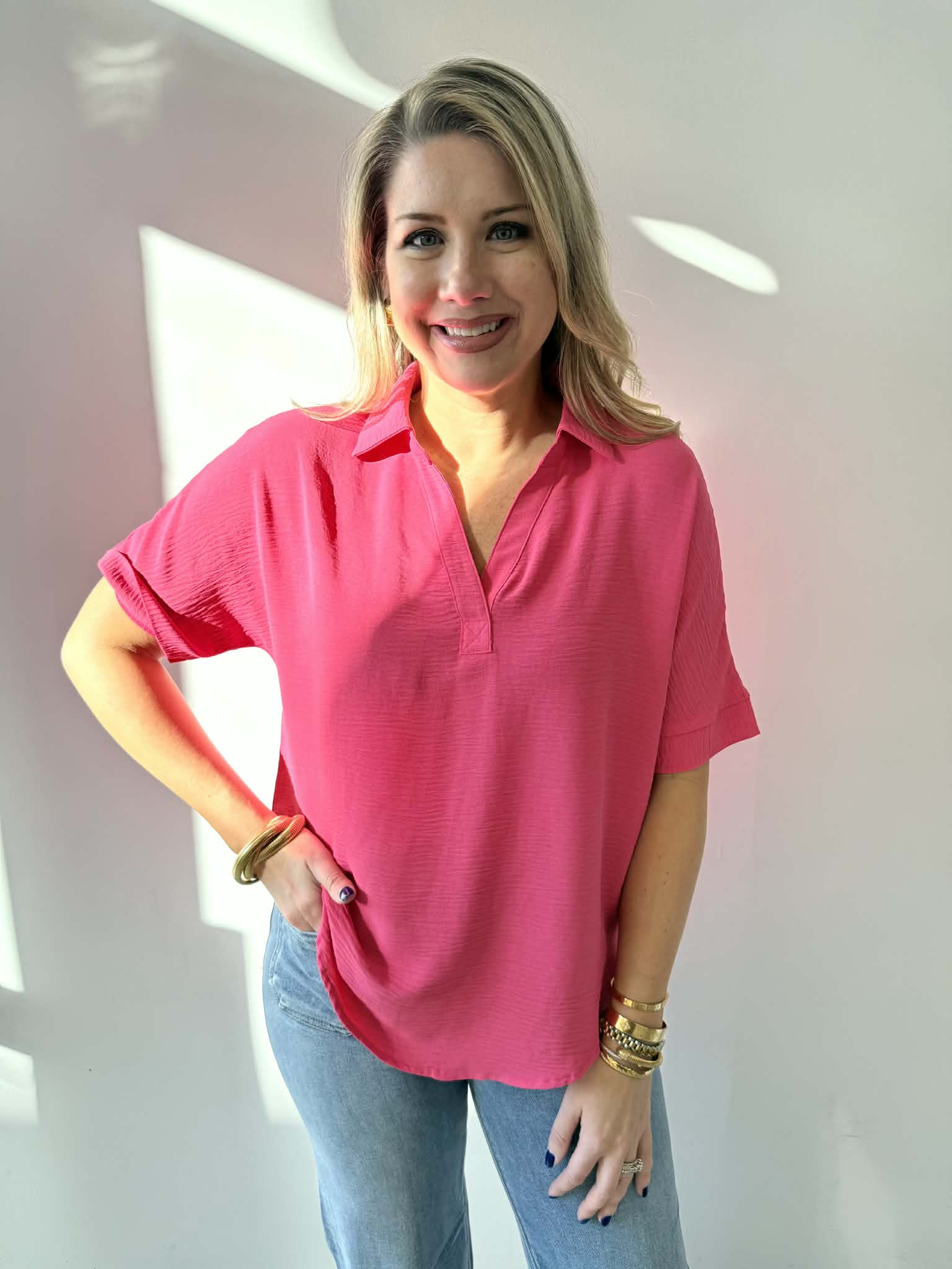 Woven Airflow Collared V - Neck Top