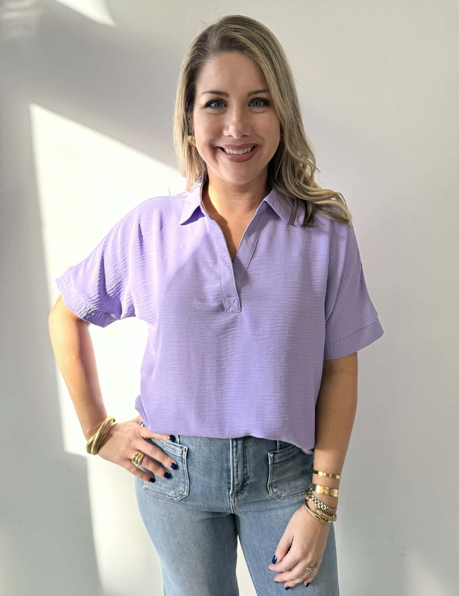 Woven Airflow Collared V - Neck Top