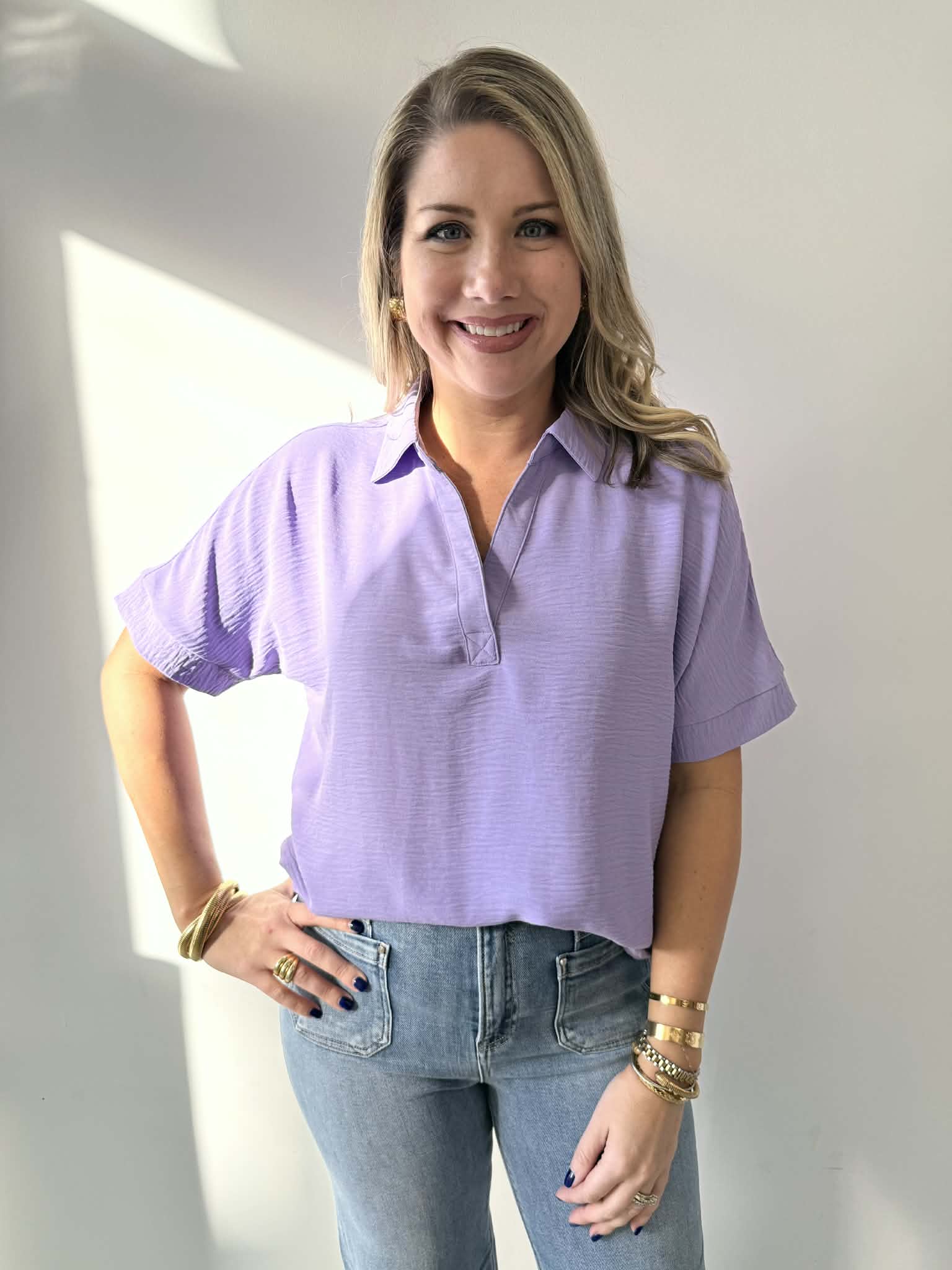 Woven Airflow Collared V - Neck Top