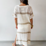 Woven Linen V Neck Knit Dress - Ivory/Multi