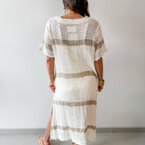 Woven Linen V Neck Knit Dress - Ivory/Multi