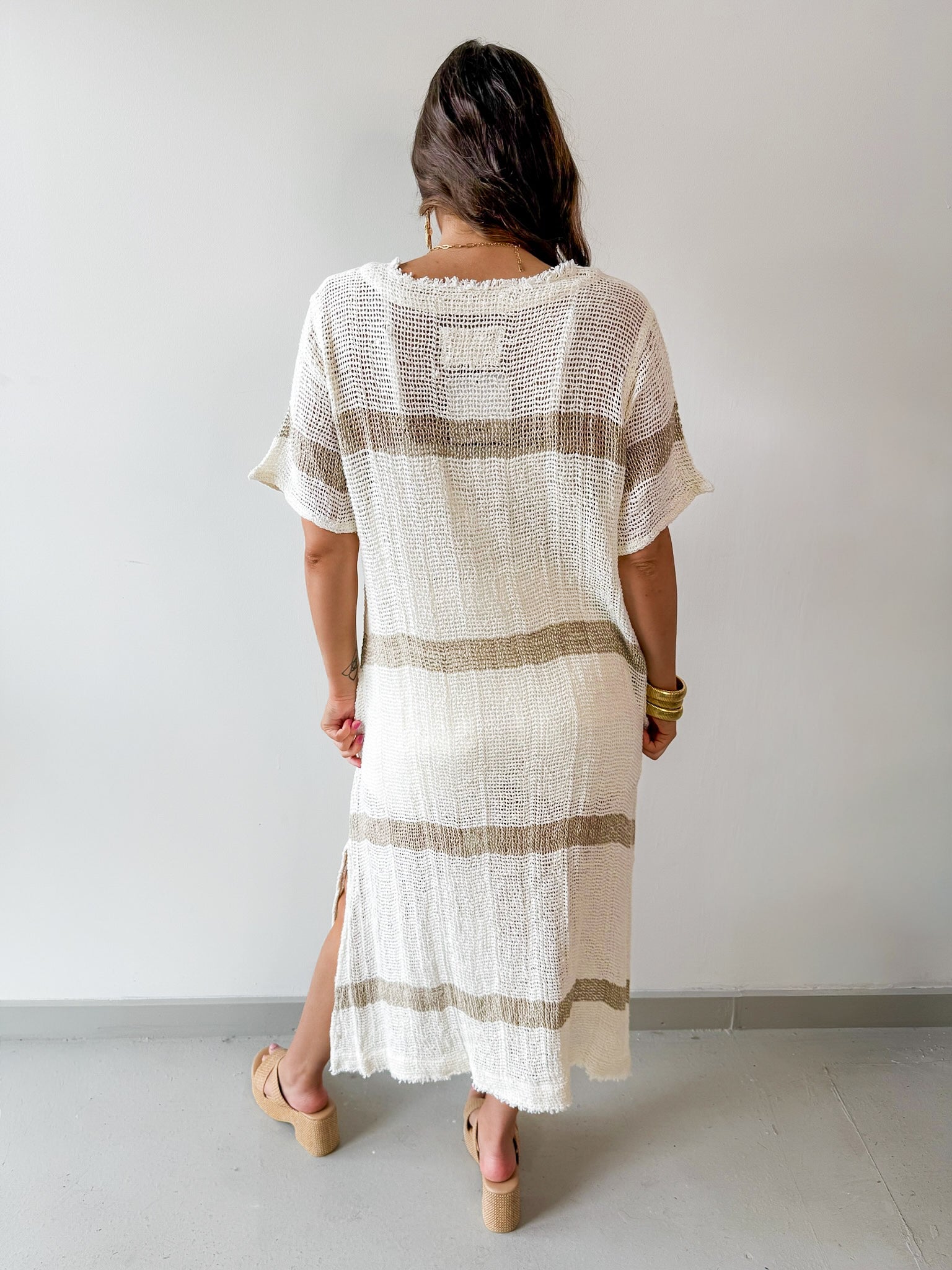 Woven Linen V Neck Knit Dress - Ivory/Multi