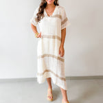 Woven Linen V Neck Knit Dress - Ivory/Multi