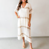 Woven Linen V Neck Knit Dress - Ivory/Multi