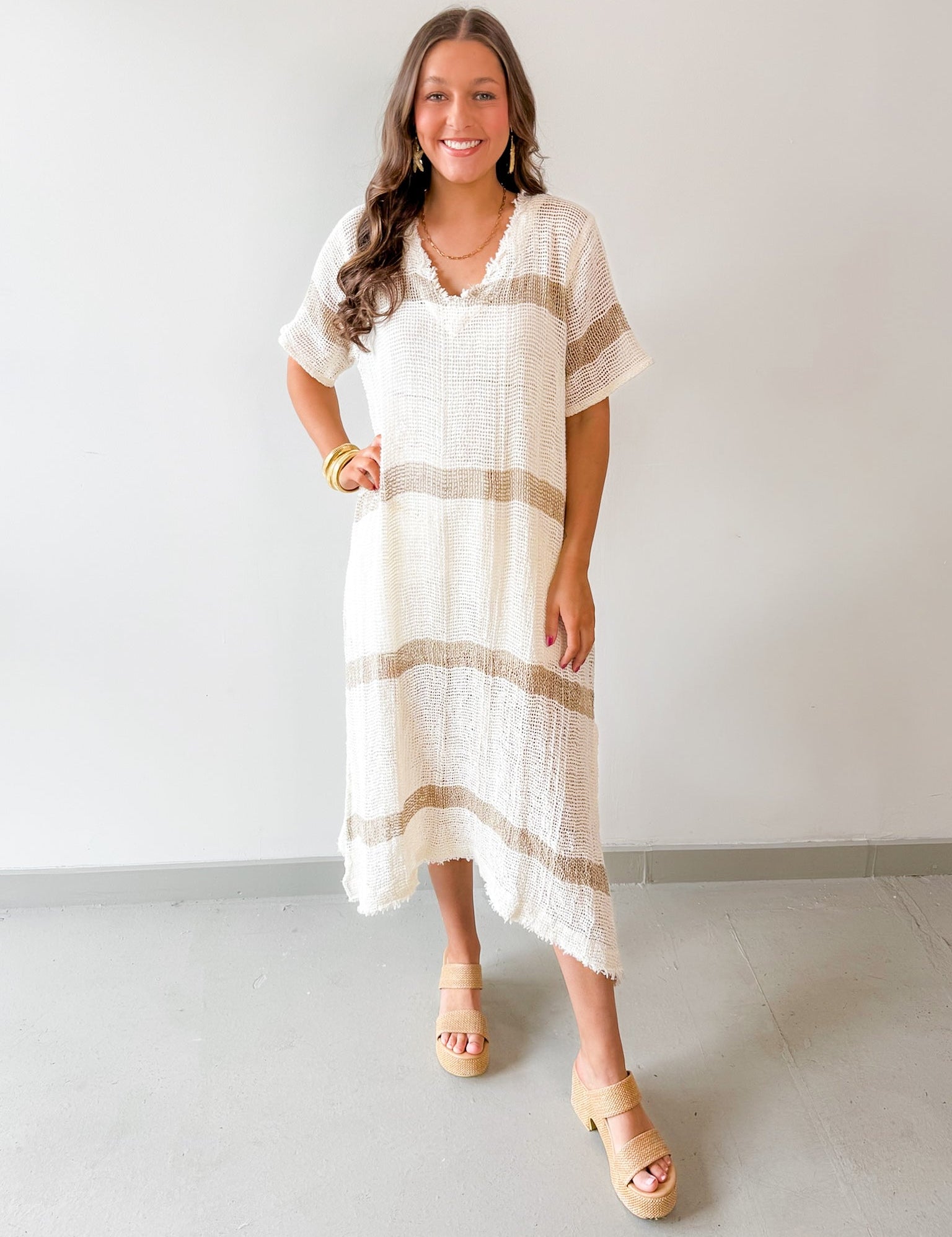 Woven Linen V Neck Knit Dress - Ivory/Multi