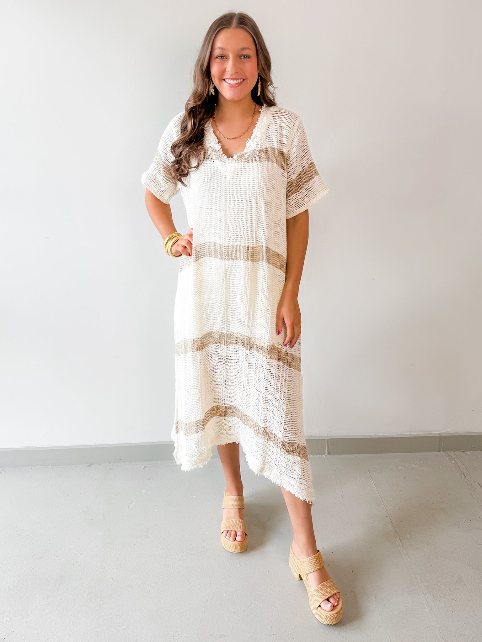 Woven Linen V Neck Knit Dress - Ivory/Multi