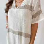 Woven Linen V Neck Knit Dress - Ivory/Multi