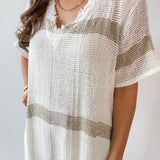 Woven Linen V Neck Knit Dress - Ivory/Multi