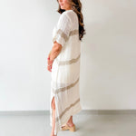 Woven Linen V Neck Knit Dress - Ivory/Multi